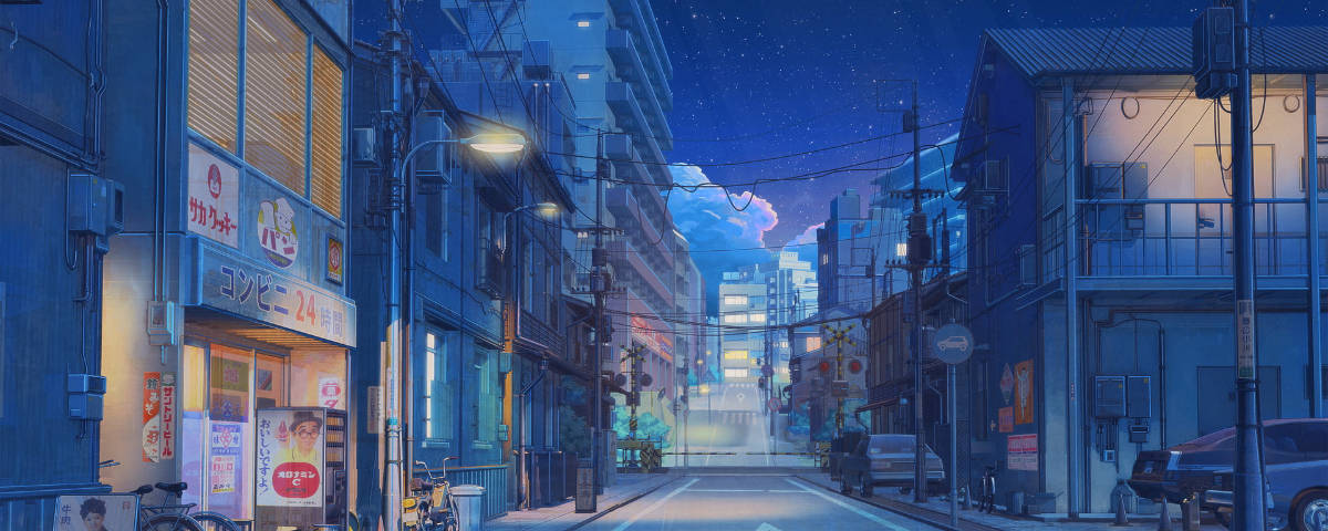 1200x480 애니메이션 거리의 상점들 배경화면