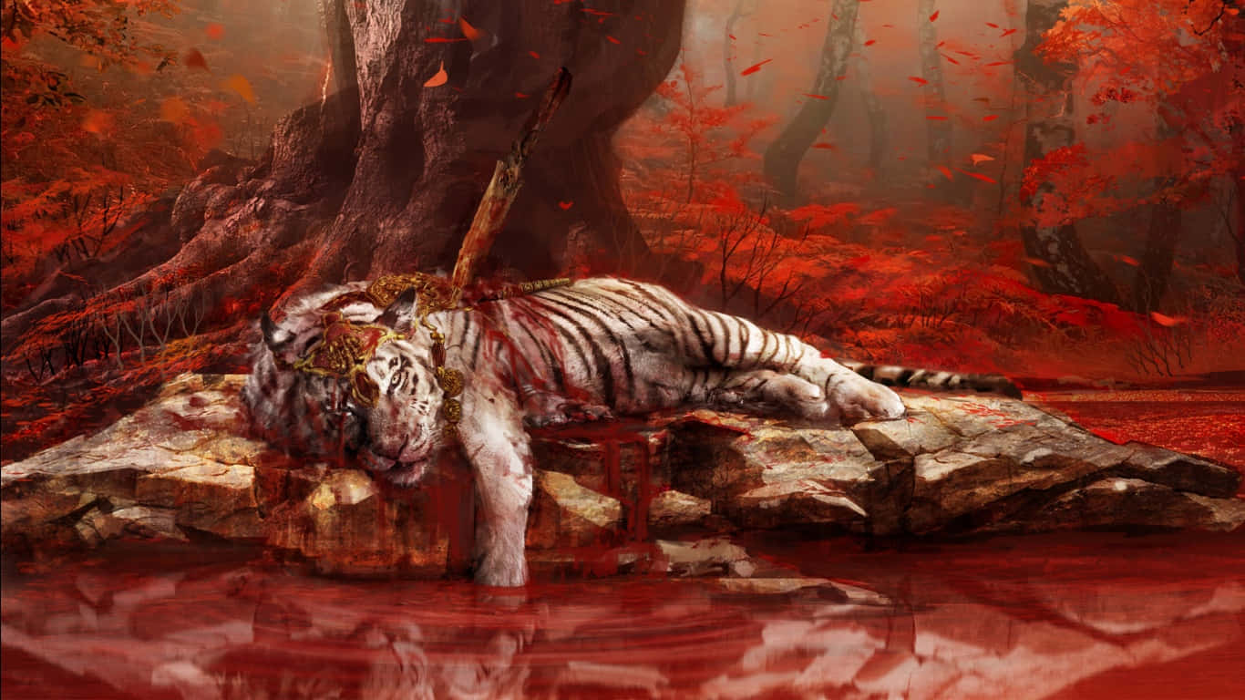 1366x768 Far Cry 4 배경 피 묻은 죽어가는 호랑이 배경화면