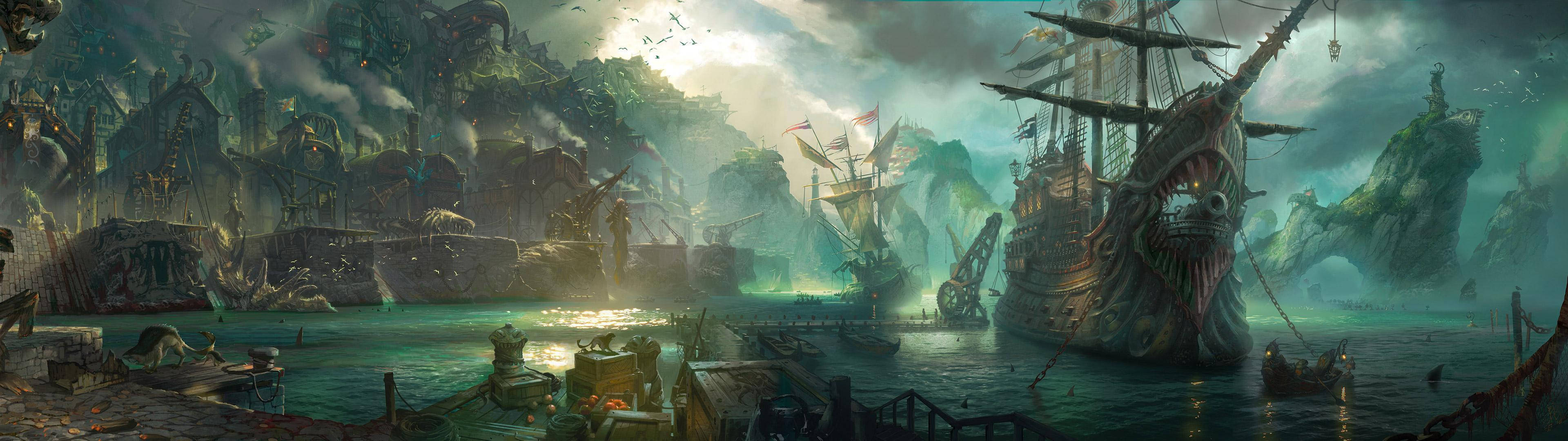 3840x1080 HD 듀얼 모니터 해적선 배경화면
