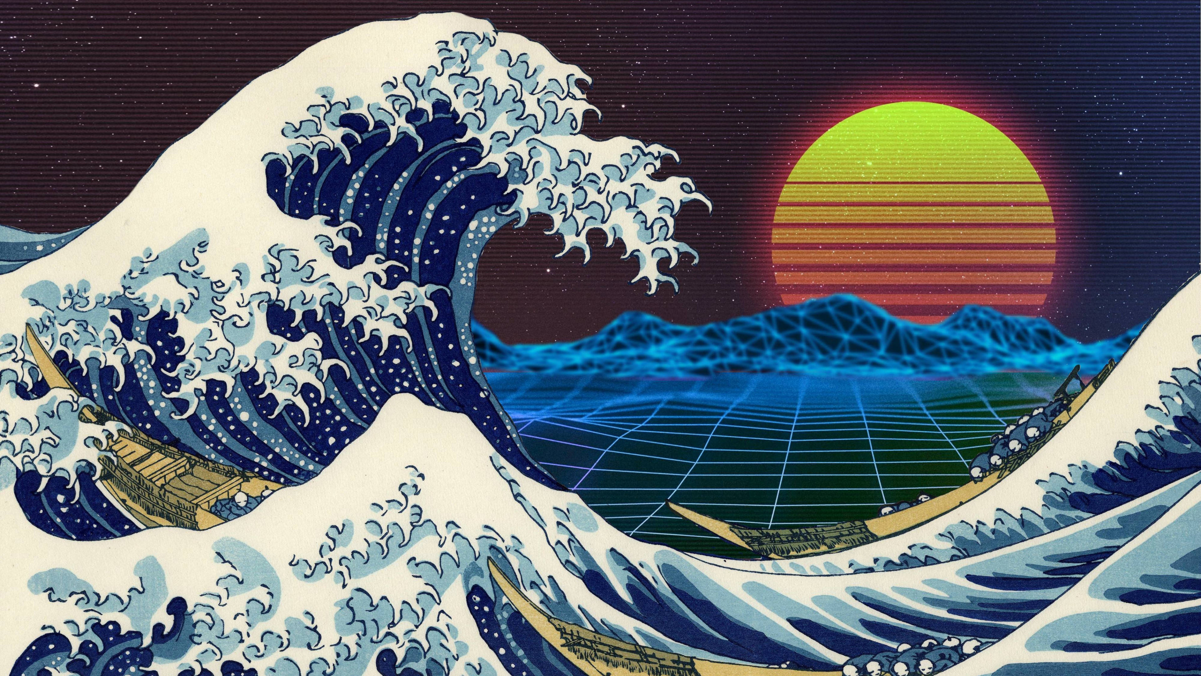 3840x2160 모니터 레트로 거대한 파도 배경화면