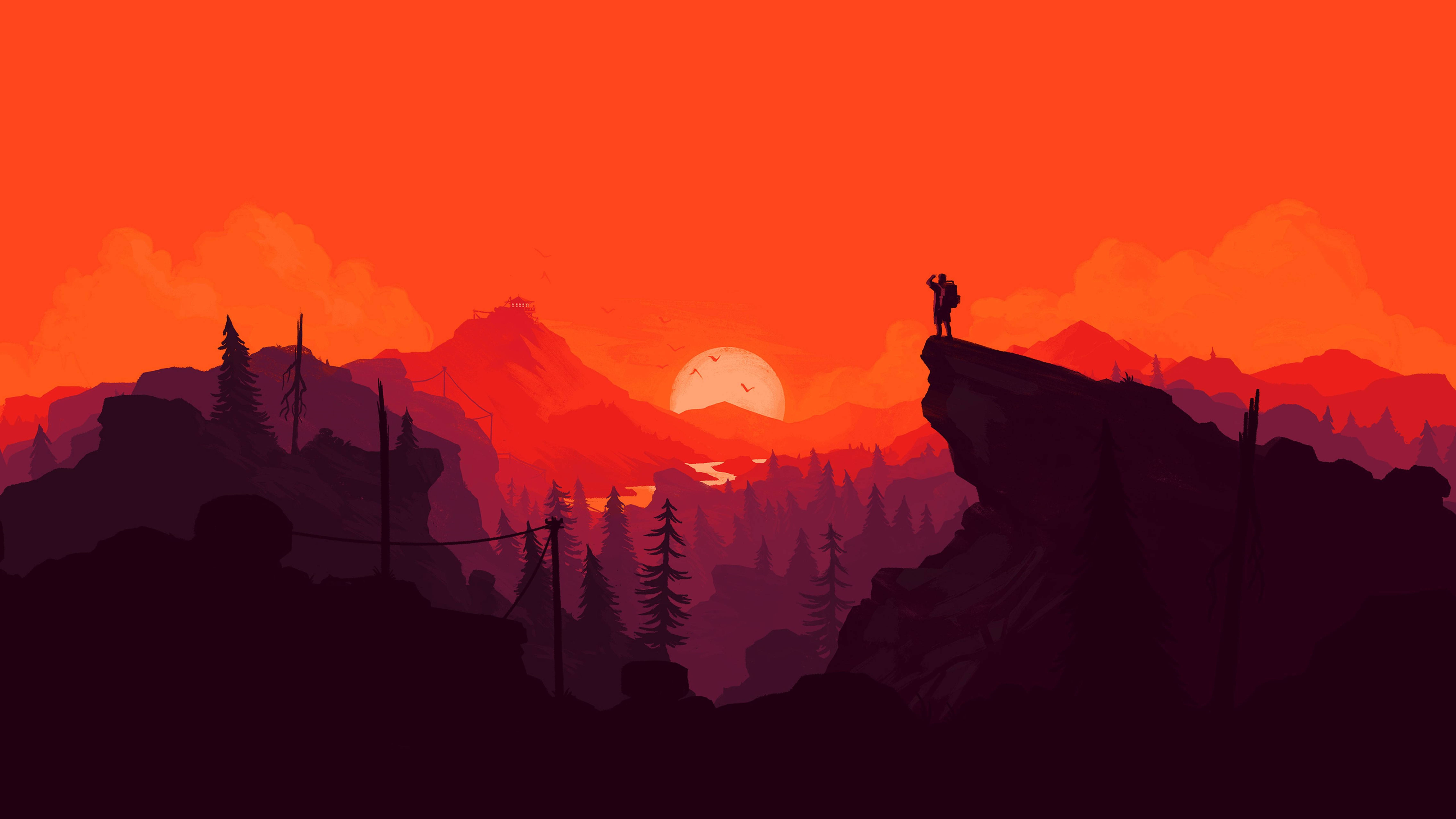 4K Firewatch 등산객과 붉은 산 배경화면