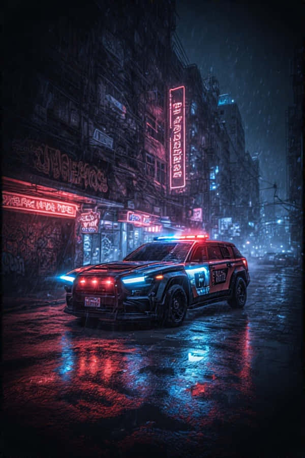 미래형 경찰차 순찰 네온 시티 4K 배경화면