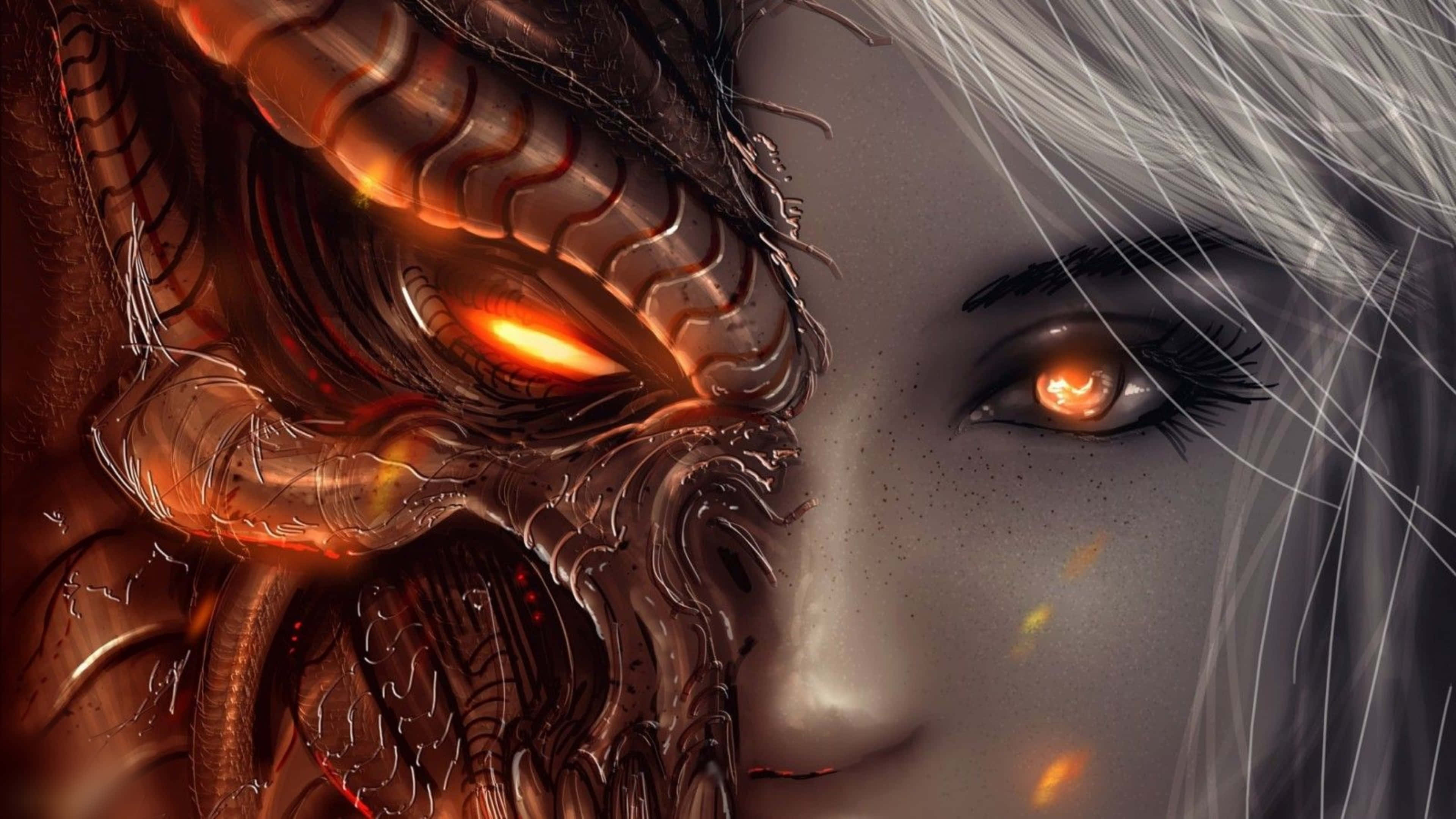 디아블로 4K 하프 드래곤과 여성 클로즈업 배경화면