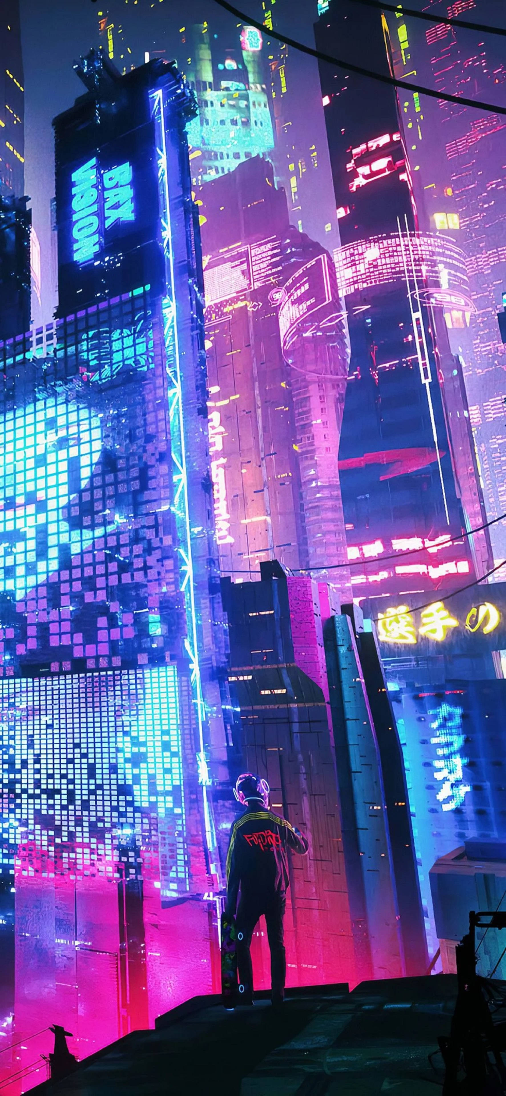 4K 네온 아이폰 소녀 네온 시티 배경화면
