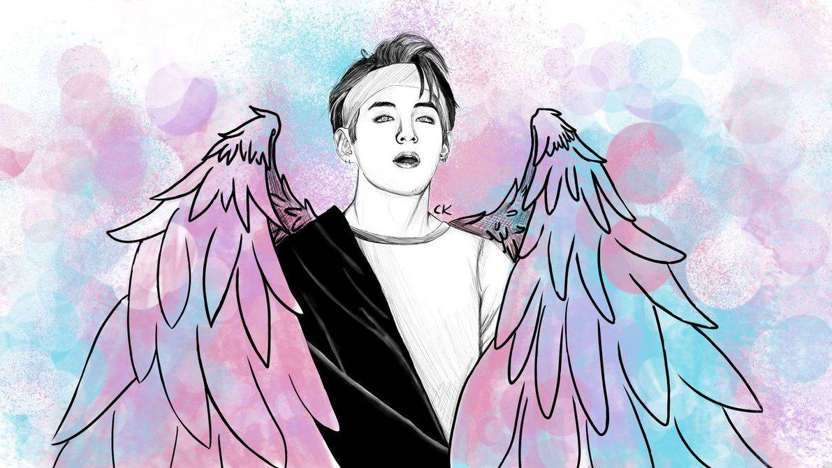 분홍 천사 날개가 있는 BTS 김태형 팬아트 그림