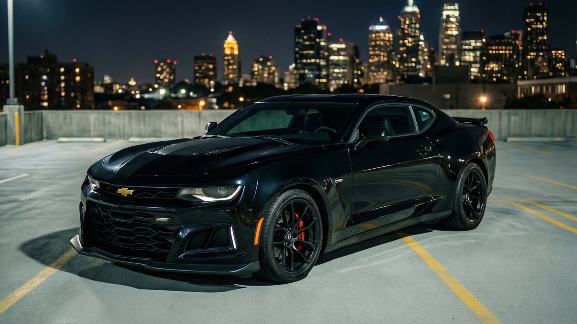 검은색 Camaro ZL1이 야간에 도시 스카이라인이 보이는 루프탑 주차장에 주차되어 있습니다.