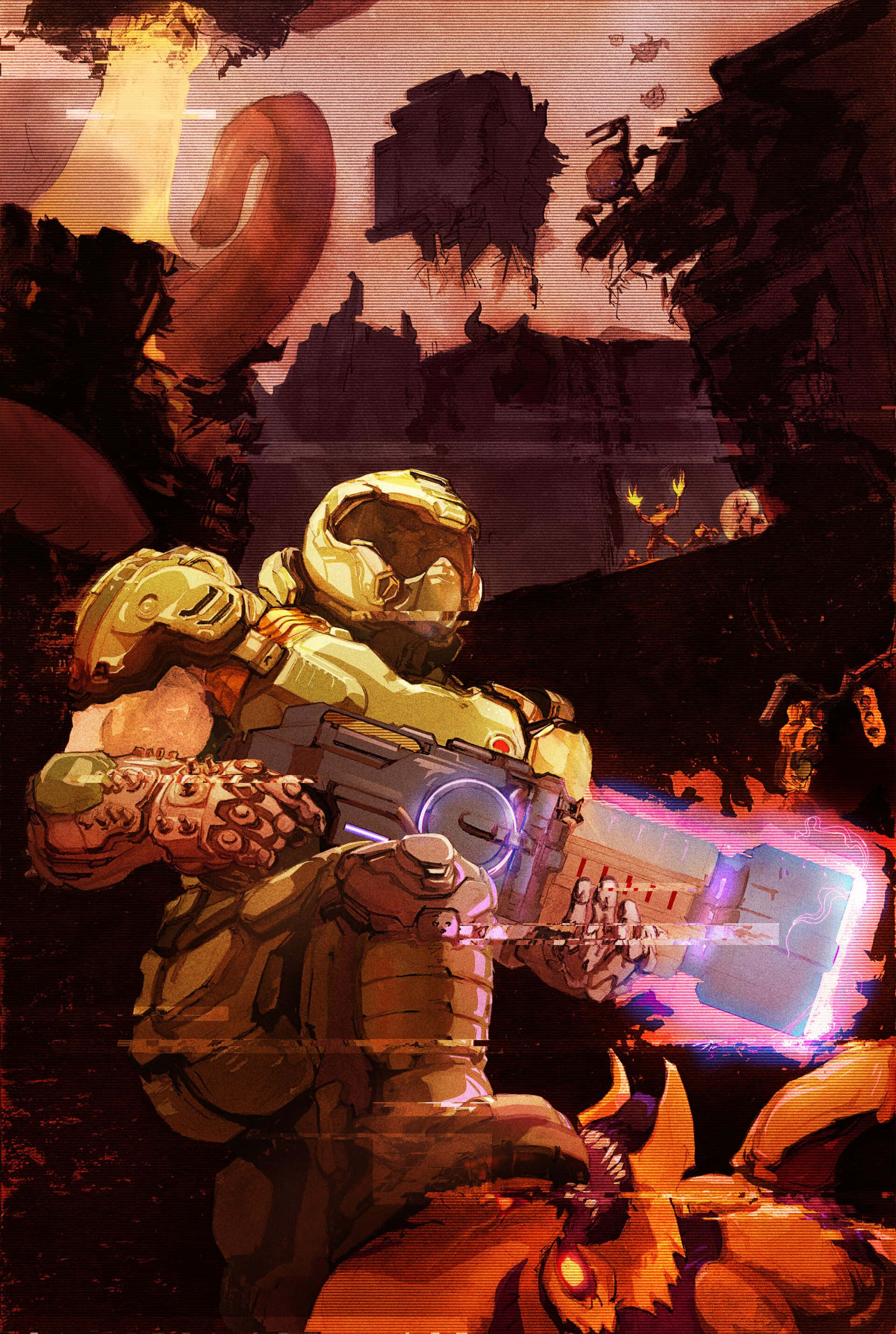 DOOM 세계관의 격렬한 전투 장면 배경화면