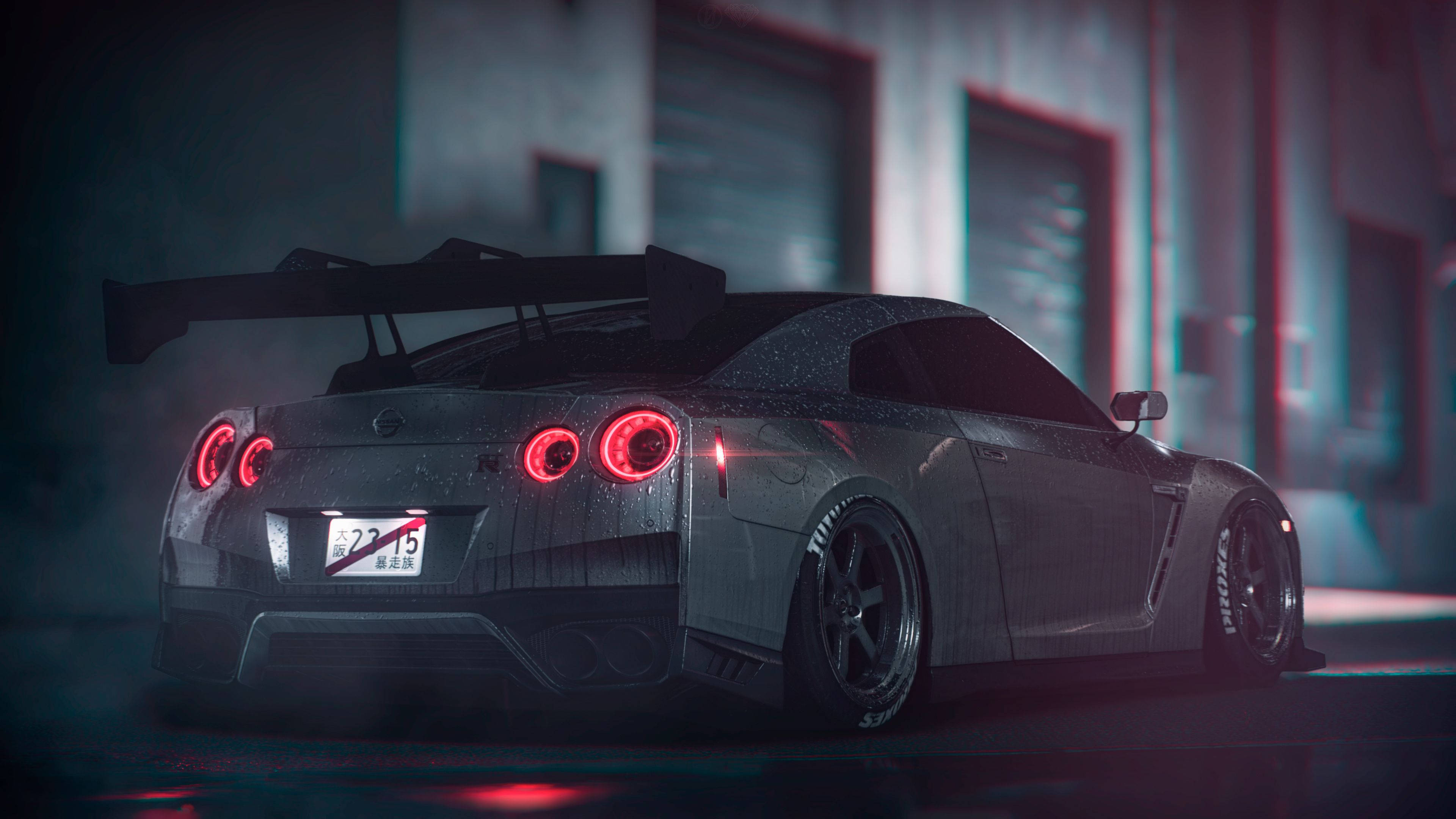 회색 닛산 GT R 4K 후미등 배경화면