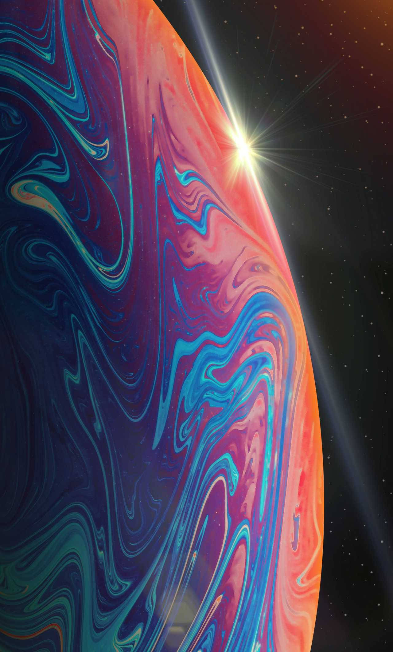 화려한 퍼플과 오렌지 행성 테마의 iPhone 13 Pro 배경화면