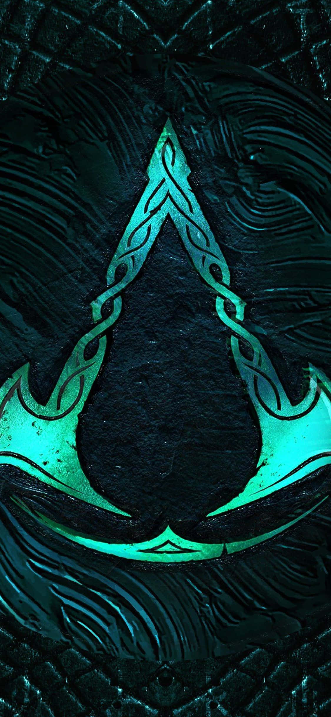 iPhone XS Assassin's Creed Valhalla 도끼로 만든 녹색 게임 로고 배경화면