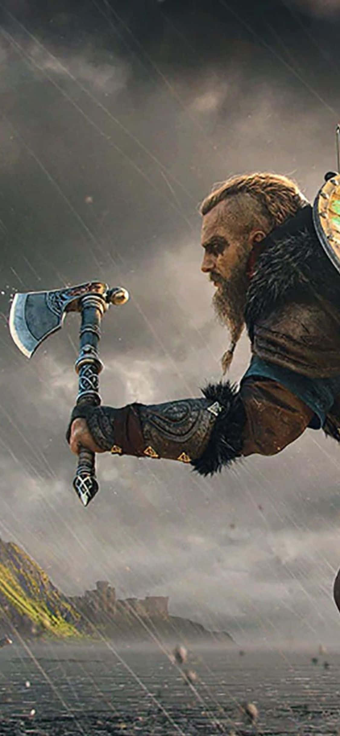 iPhone XS Assassin's Creed Valhalla 빗속의 바이킹 전사 배경 배경화면