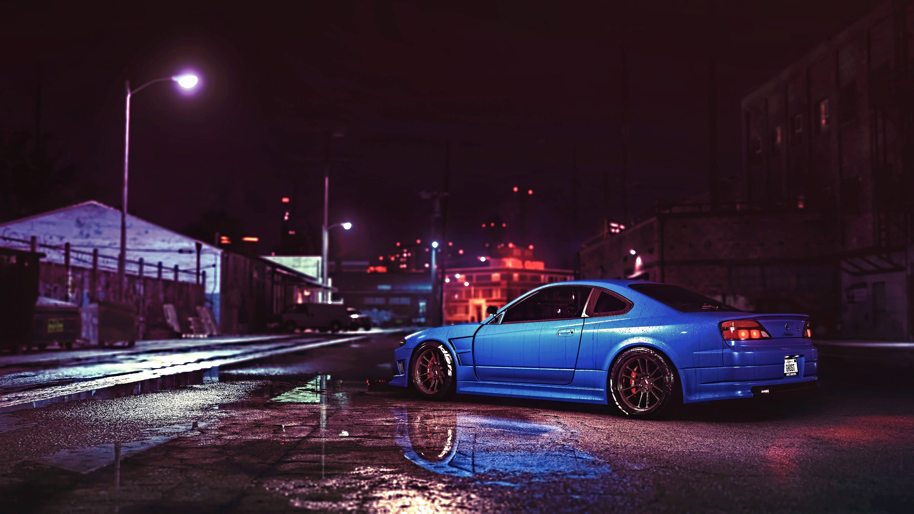 밤하늘 아래 빛나는 멋진 파란색 JDM 자동차 배경화면