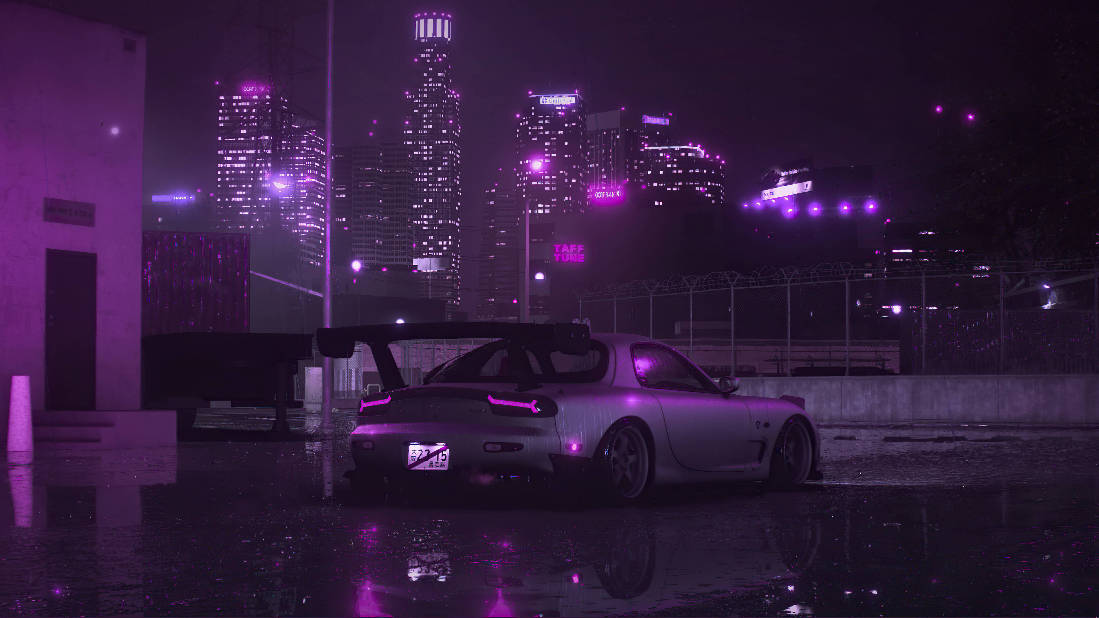 은색 RX-7과 보라색 도시 배경화면