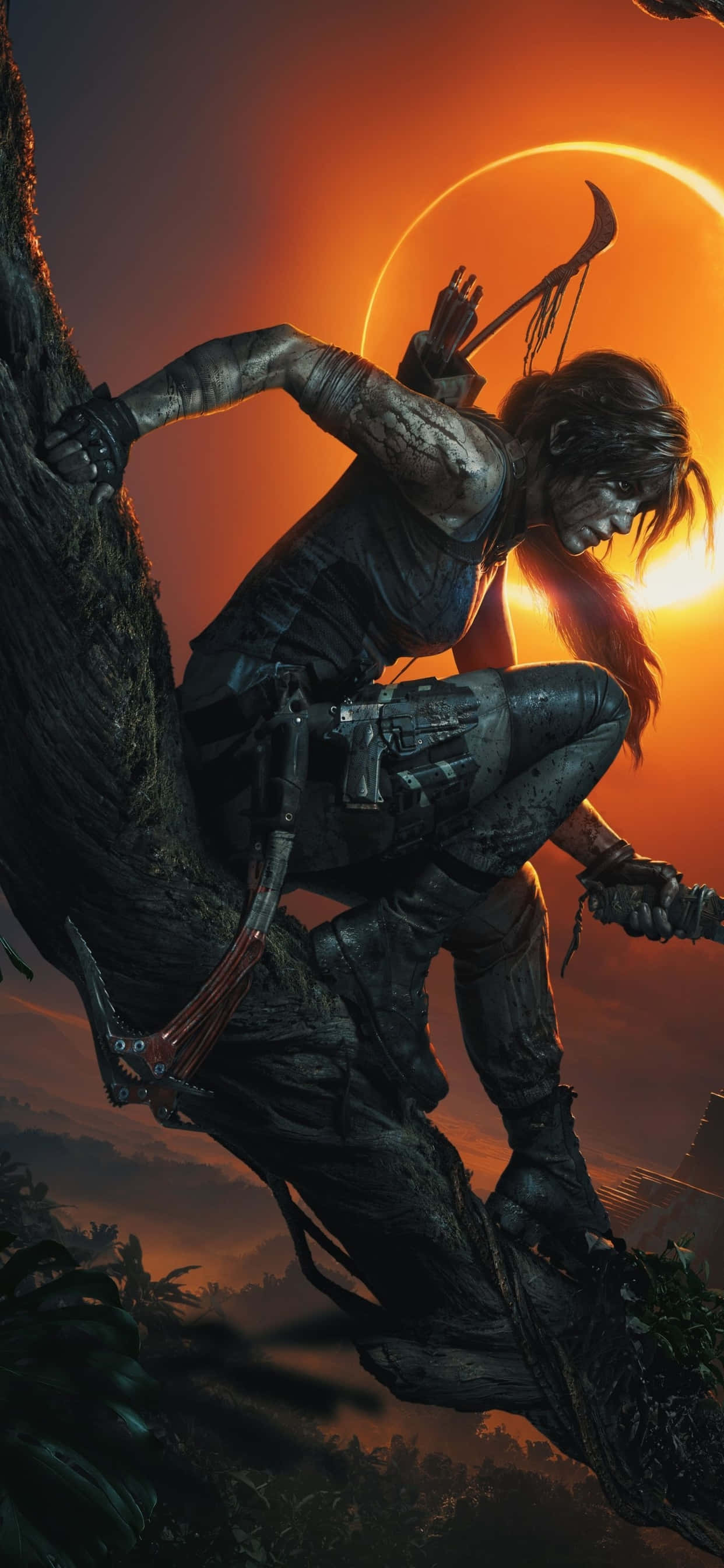 the tomb raider is in the forest with a sun behind her 배경화면