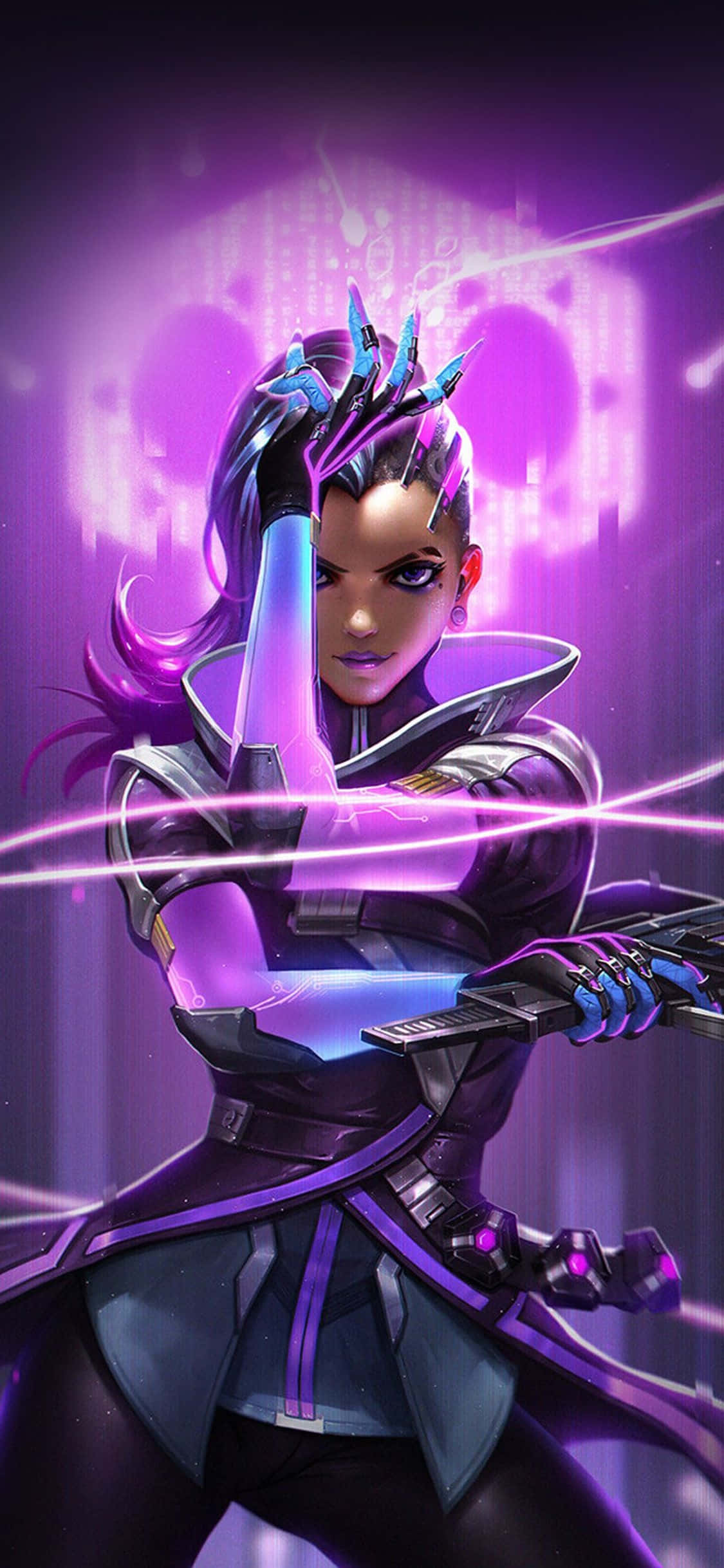 아이폰 Xs Max 오버워치 배경 솜브라 보라색 네온 불빛 배경화면