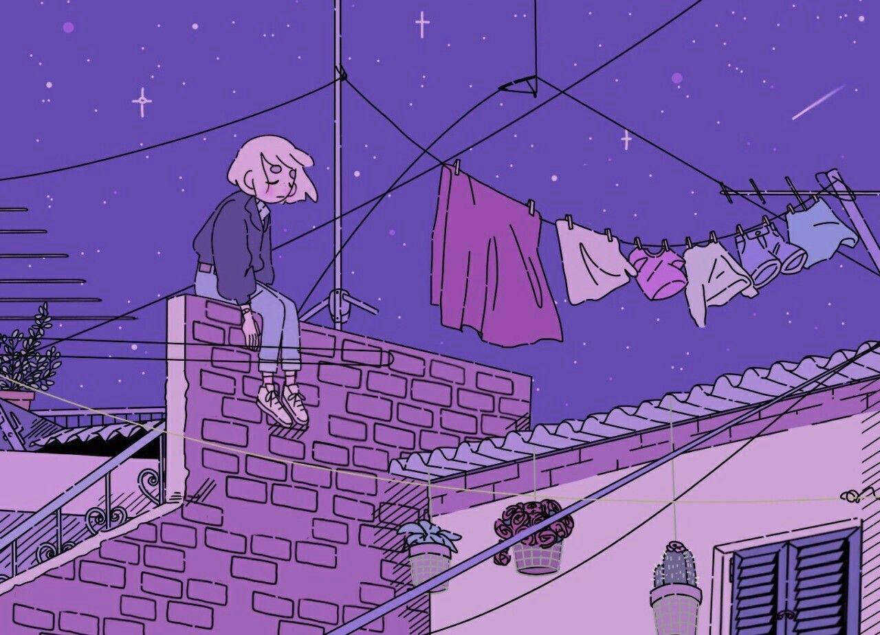 감성적인 애니메이션 소녀 보라색 밤 — 보라색 감성 GIF 배경화면