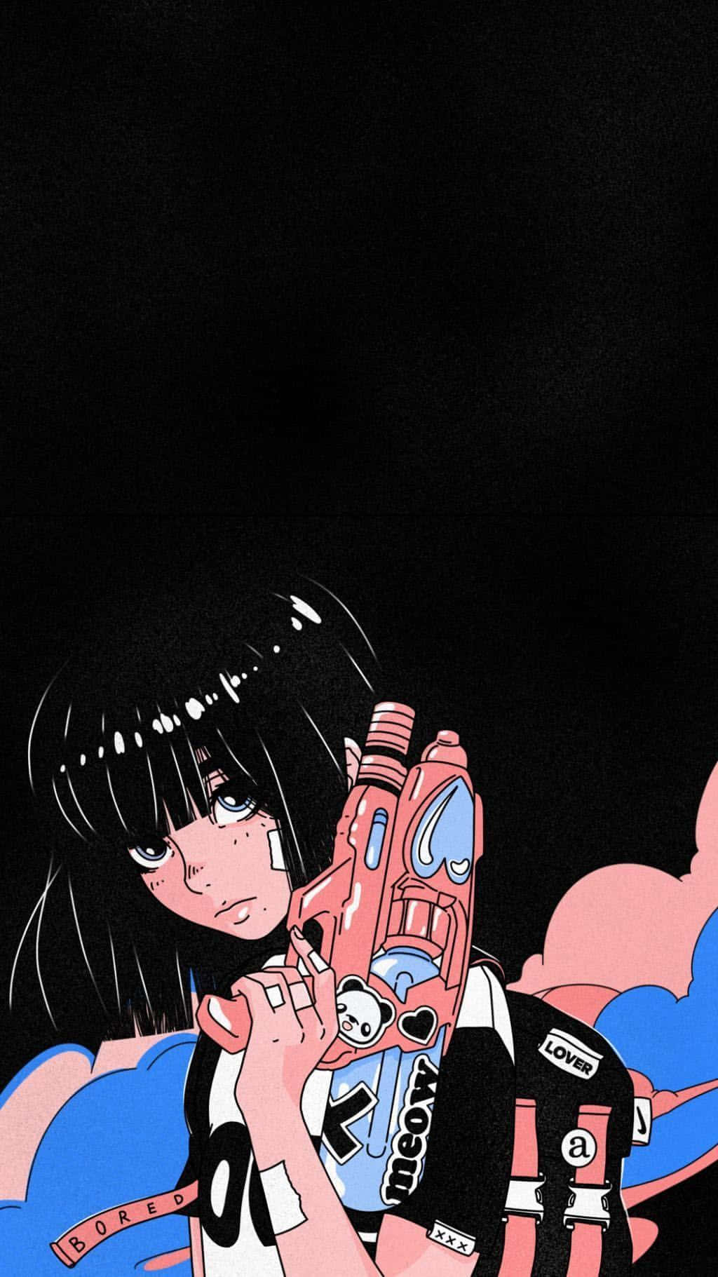 검은 머리 미소녀 애니메이션 감성 벡터 아트 배경화면