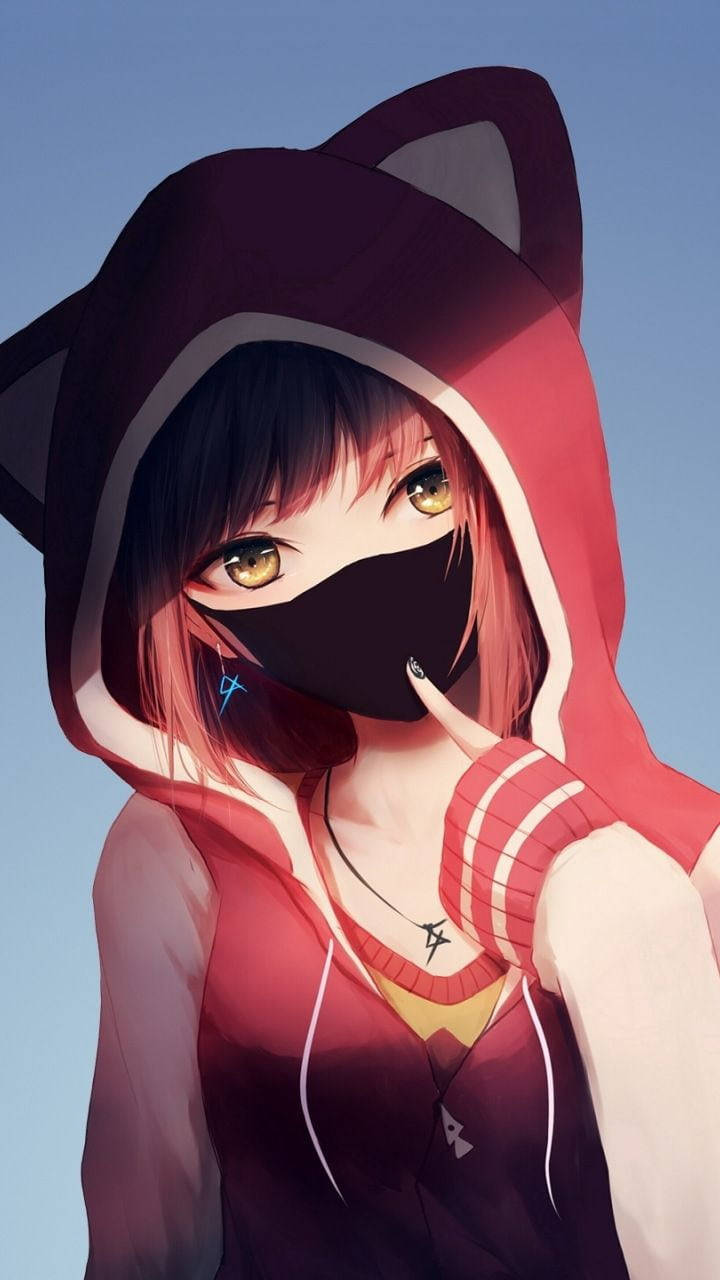 검지로 마스크를 가리키는 귀여운 애니 소녀 아이폰 배경화면