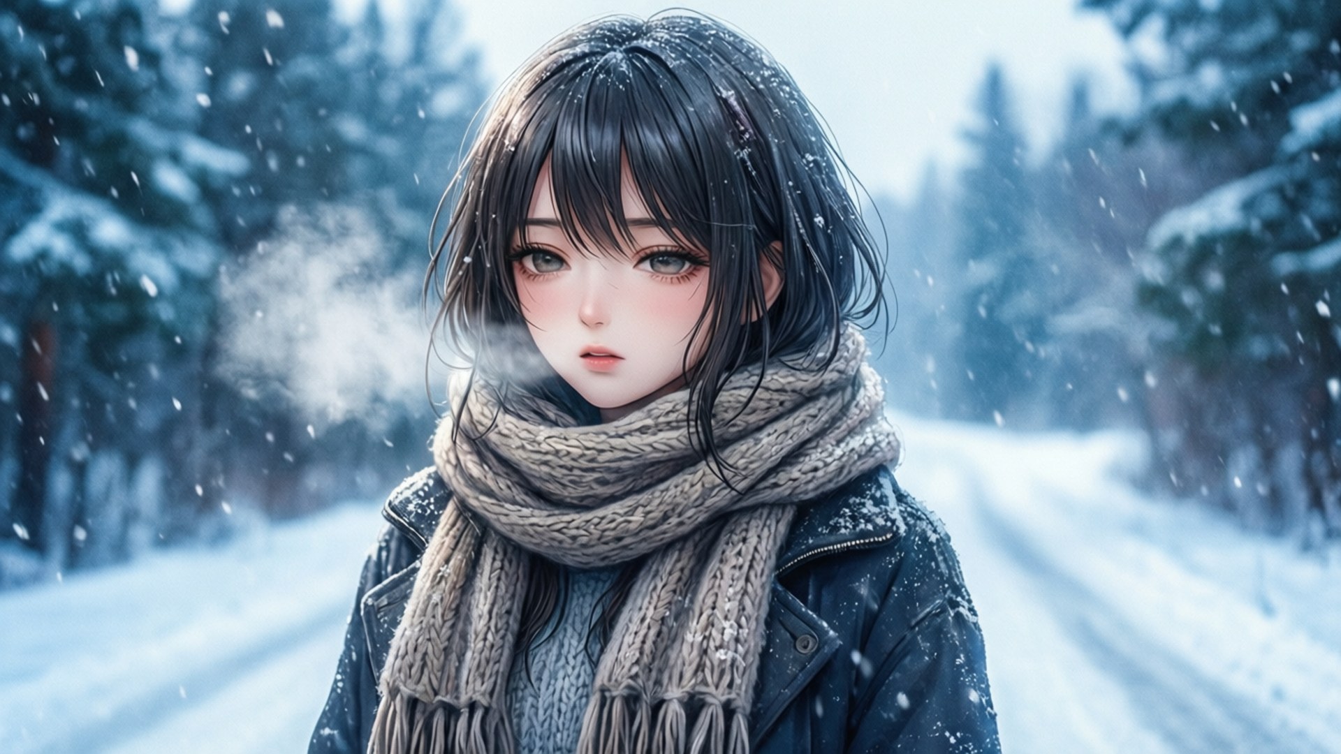 겨울 눈길 산책 배경화면