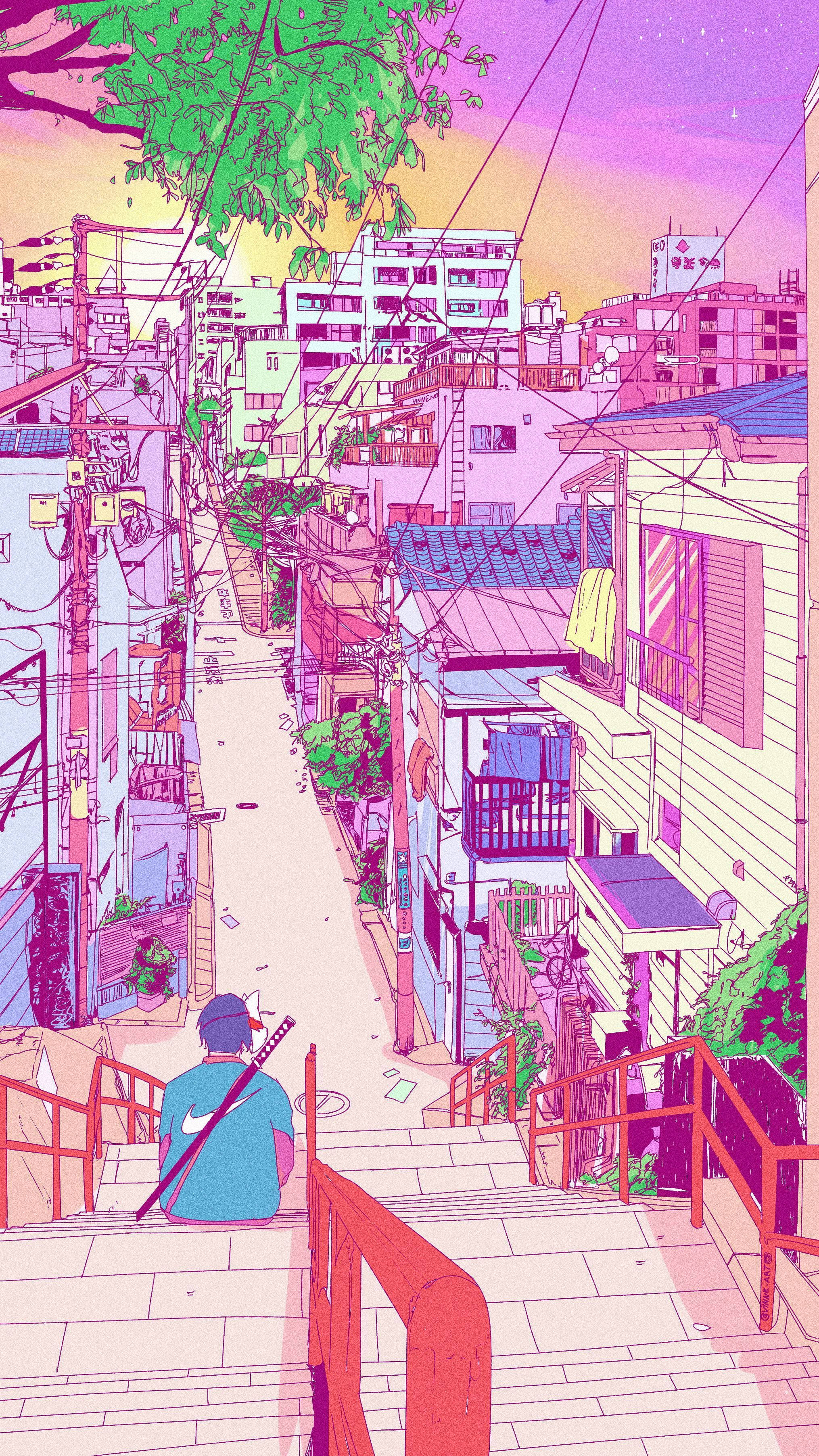 계단을 내려오는 남자가 있는 거리 배경화면