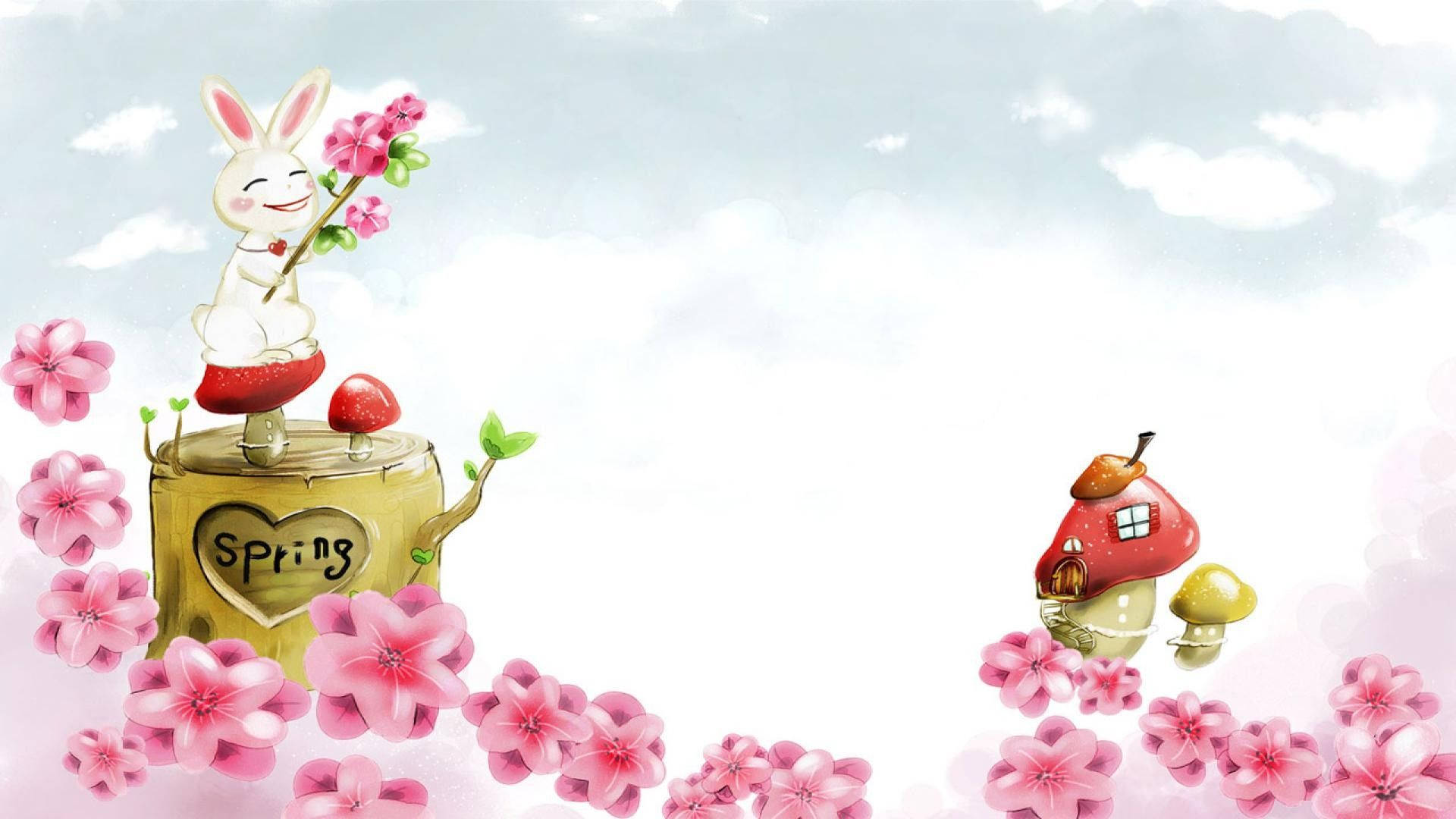 귀여운 봄 만화 토끼 집 배경화면