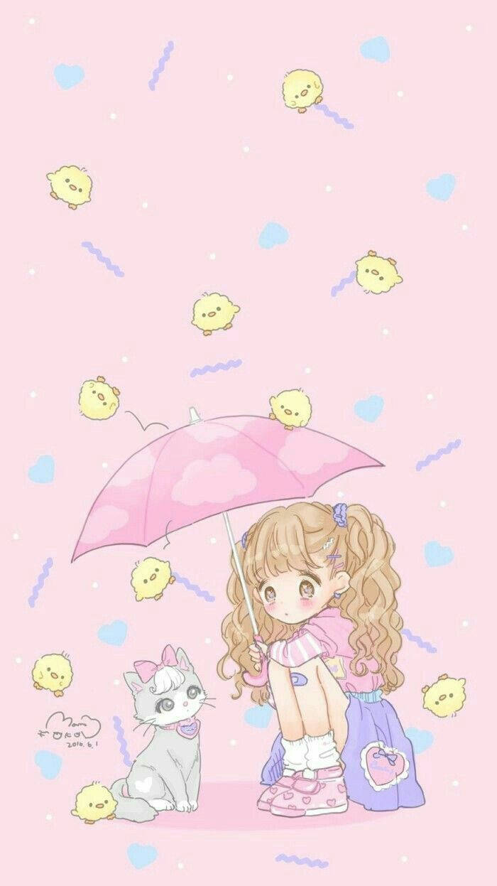 귀여운 소녀와 고양이 배경화면