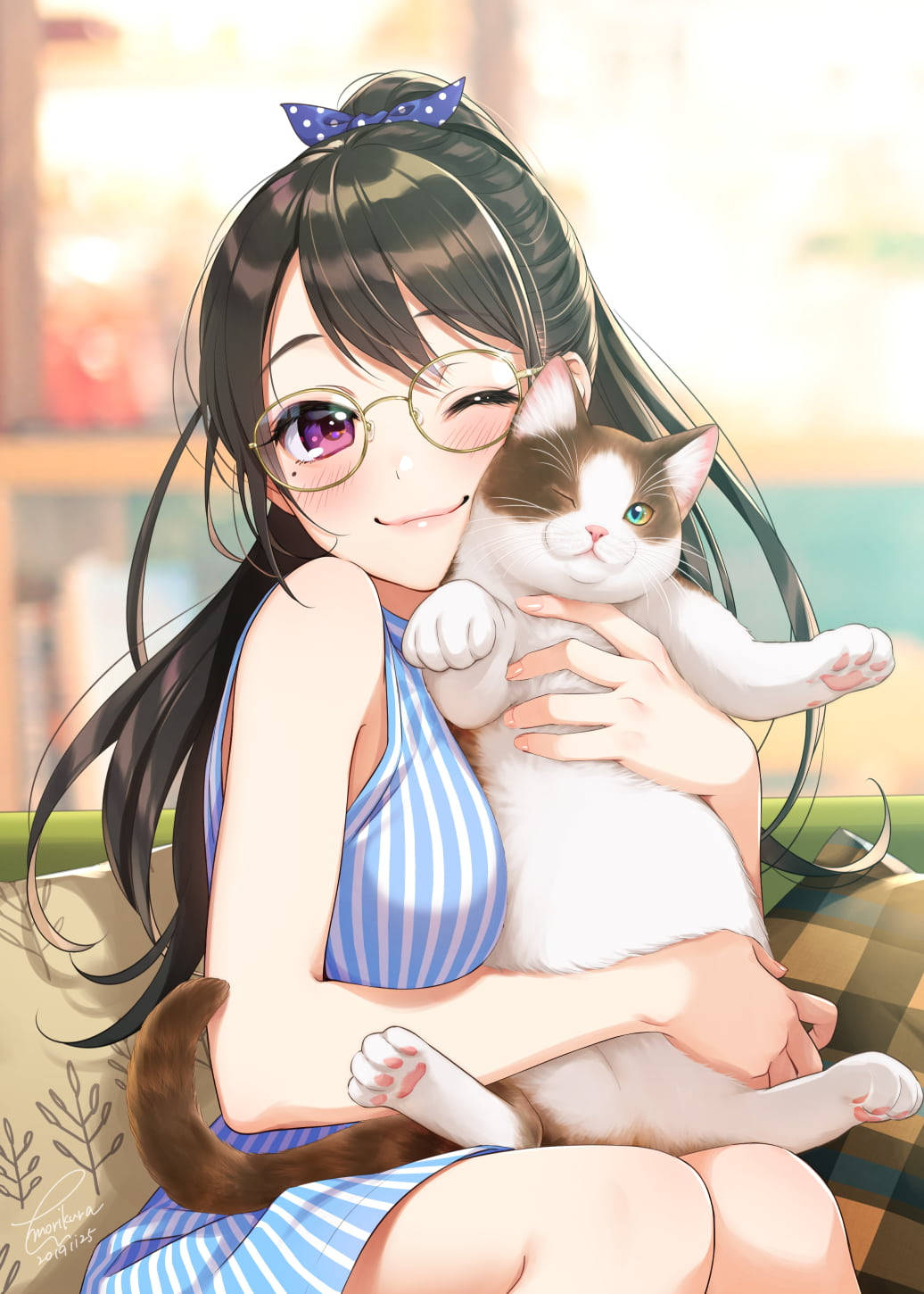 귀여운 카와이 애니메이션 소녀와 고양이 배경화면