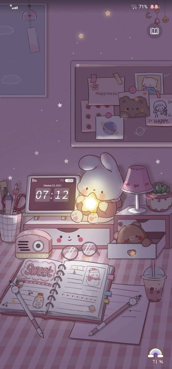 귀여운 카와이 토끼와 보라색 책상 배경화면