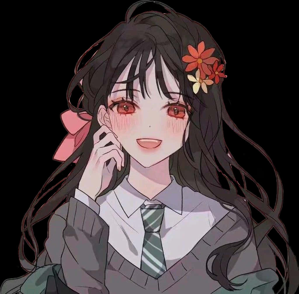 꽃장식 머리핀을 한 애니메이션 소녀 미소 배경화면