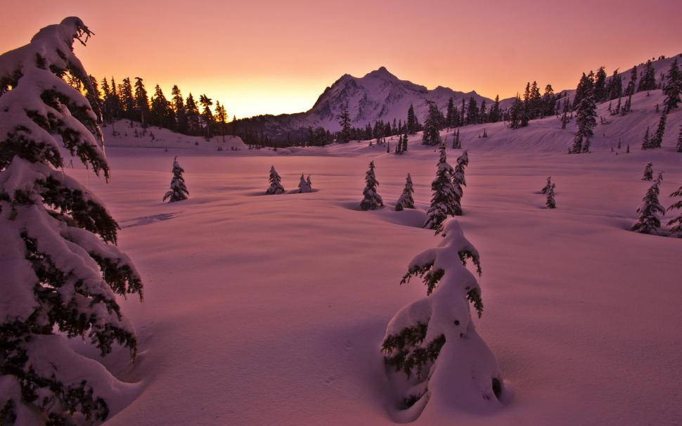 눈 덮인 땅의 골든아워 감성 Mac 배경화면