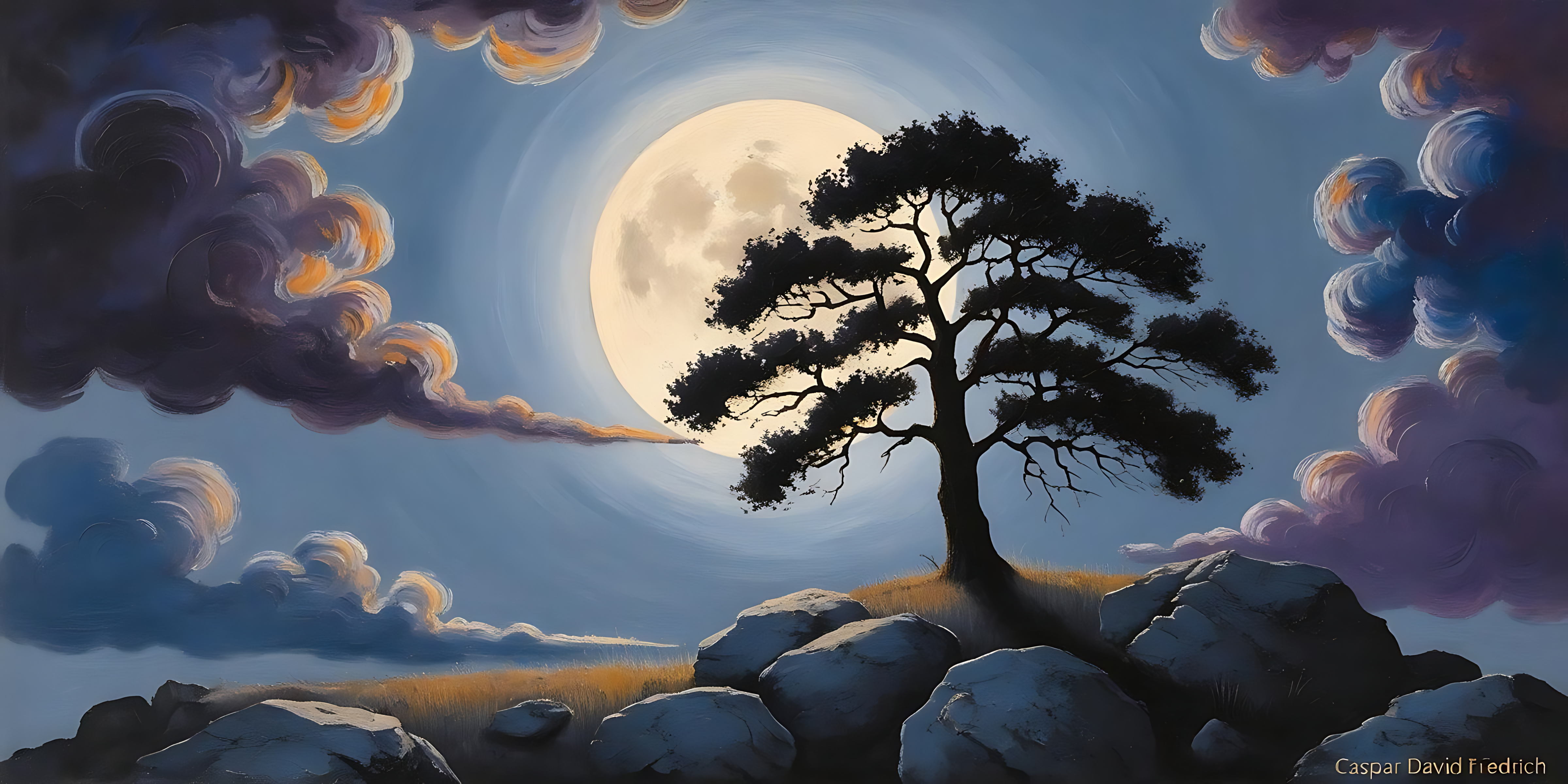 달빛 아래 산 위의 외로운 나무 배경화면