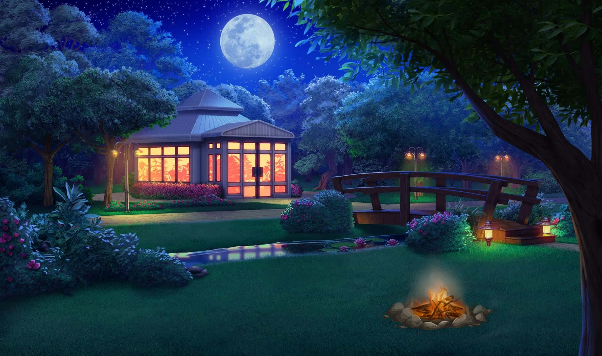 달이 빛나는 밤하늘과 공원 야외 배경 배경화면