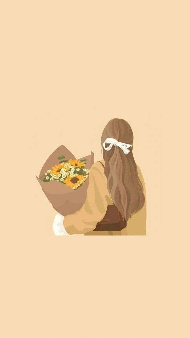 들고 있는 여성과 부케 베이지 감성 폰