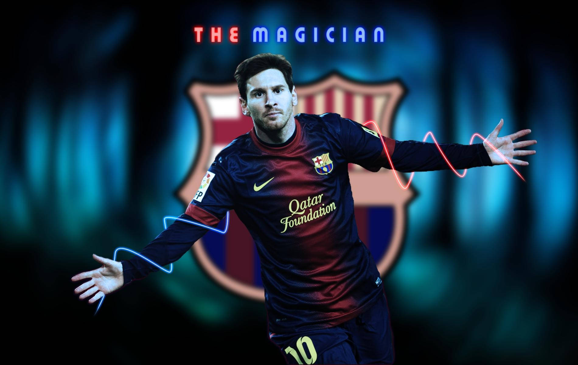 리오넬 메시와 The Magician 텍스트 및 FCB 로고 월페이퍼 — 메시 배경화면
