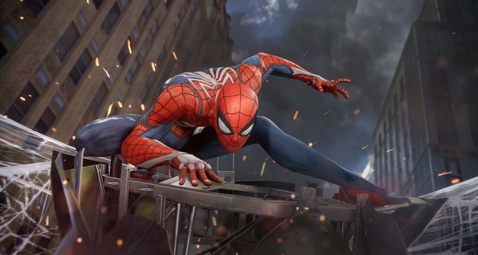 마블 PS4 스파이더맨, 잔해 위에서 포즈 취하다 배경화면