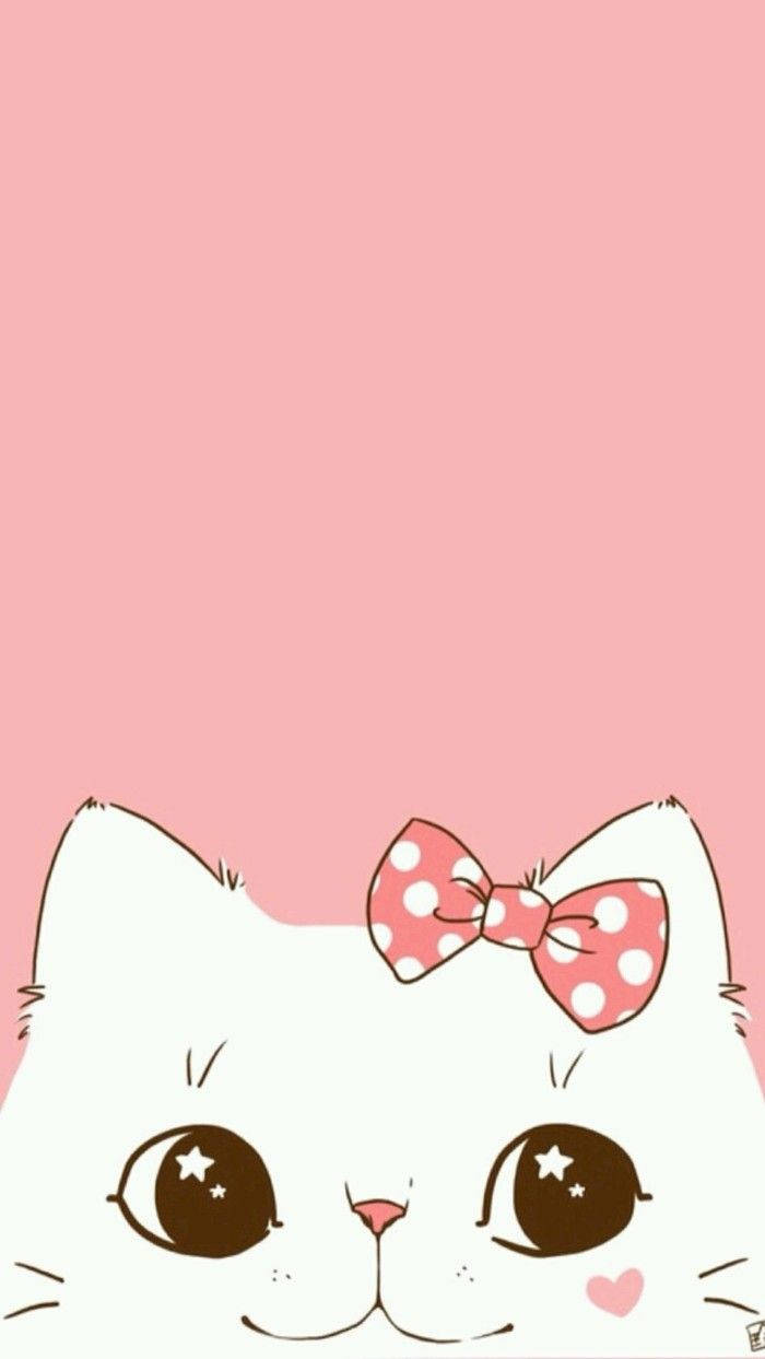 만화 흰 고양이 핑크 리본 배경화면