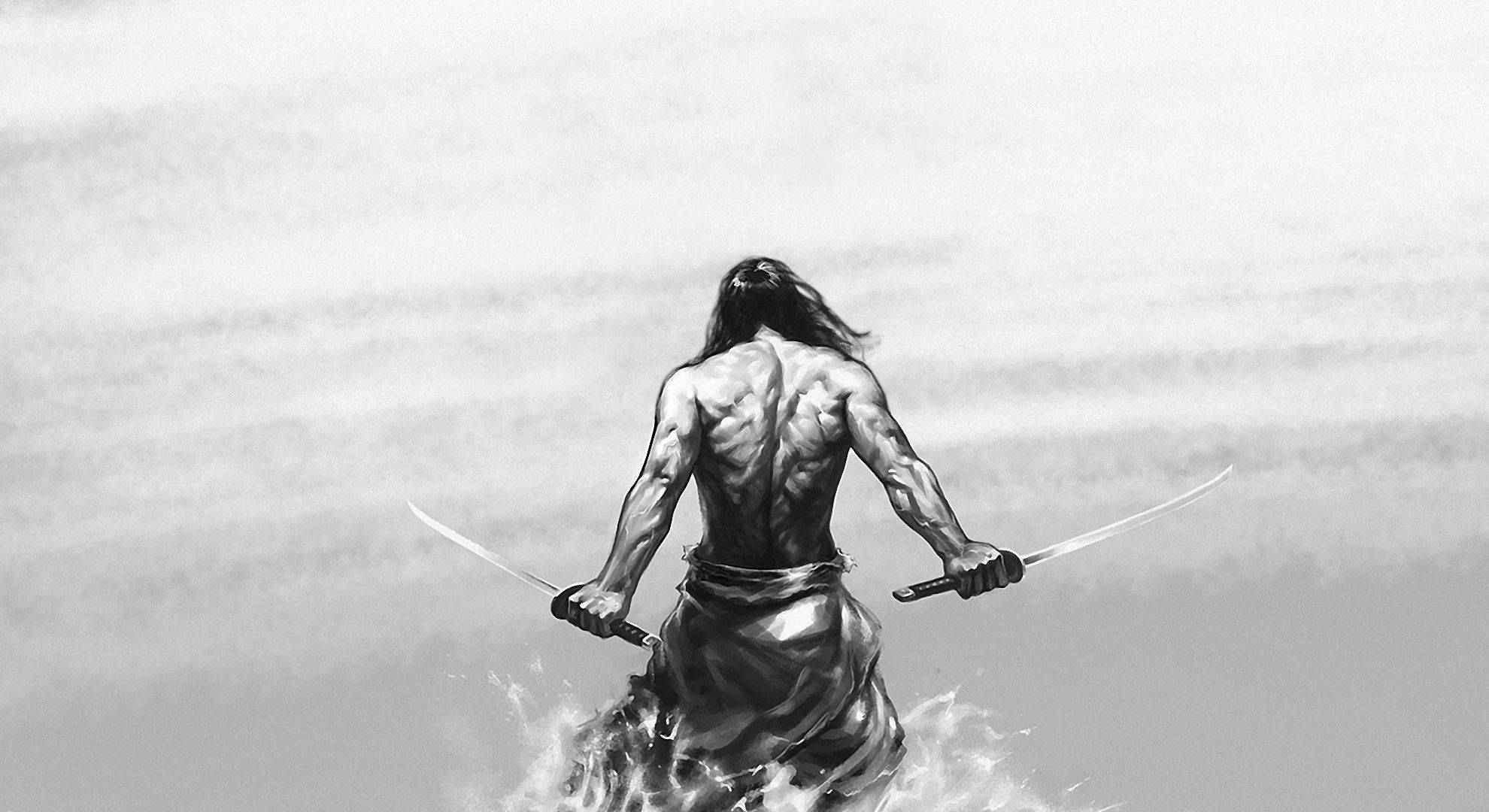 물 위의 일본 사무라이 배경화면