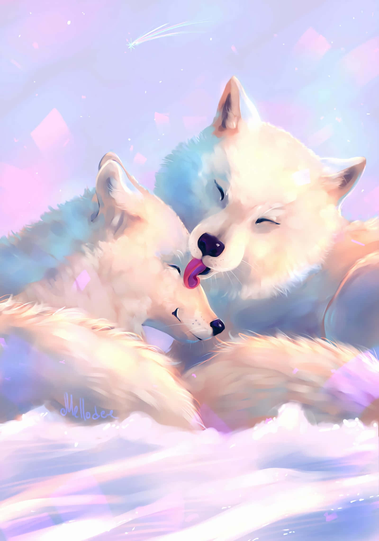 미적 애니메이션 흰 늑대 핥는 그림 배경화면