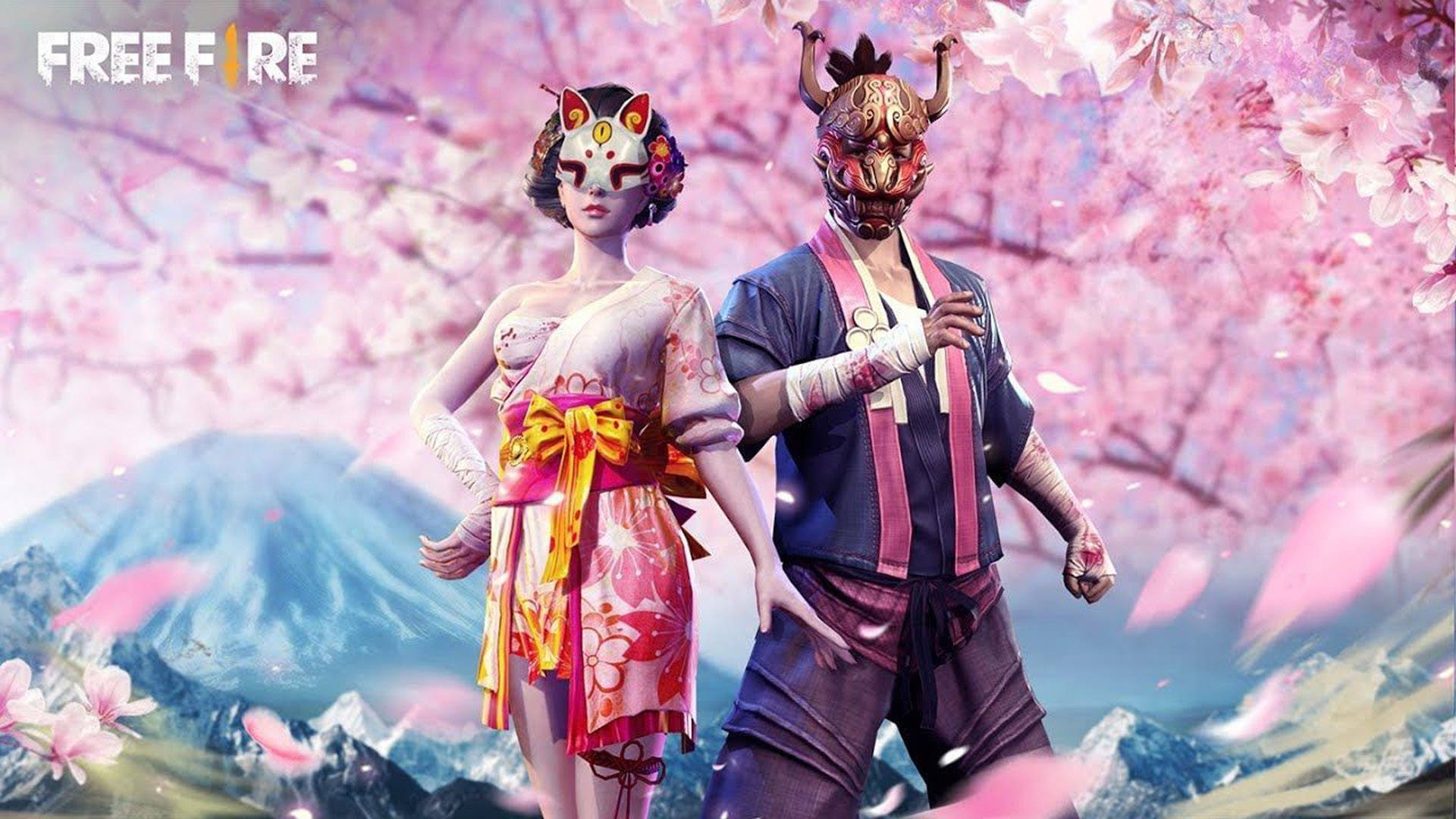벚꽃 나무와 산 Free Fire 데스크탑 배경화면