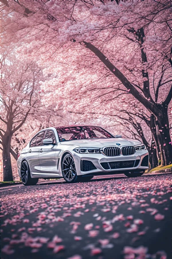 벚꽃 아래 우아한 흰색 BMW의 봄 감성 배경화면