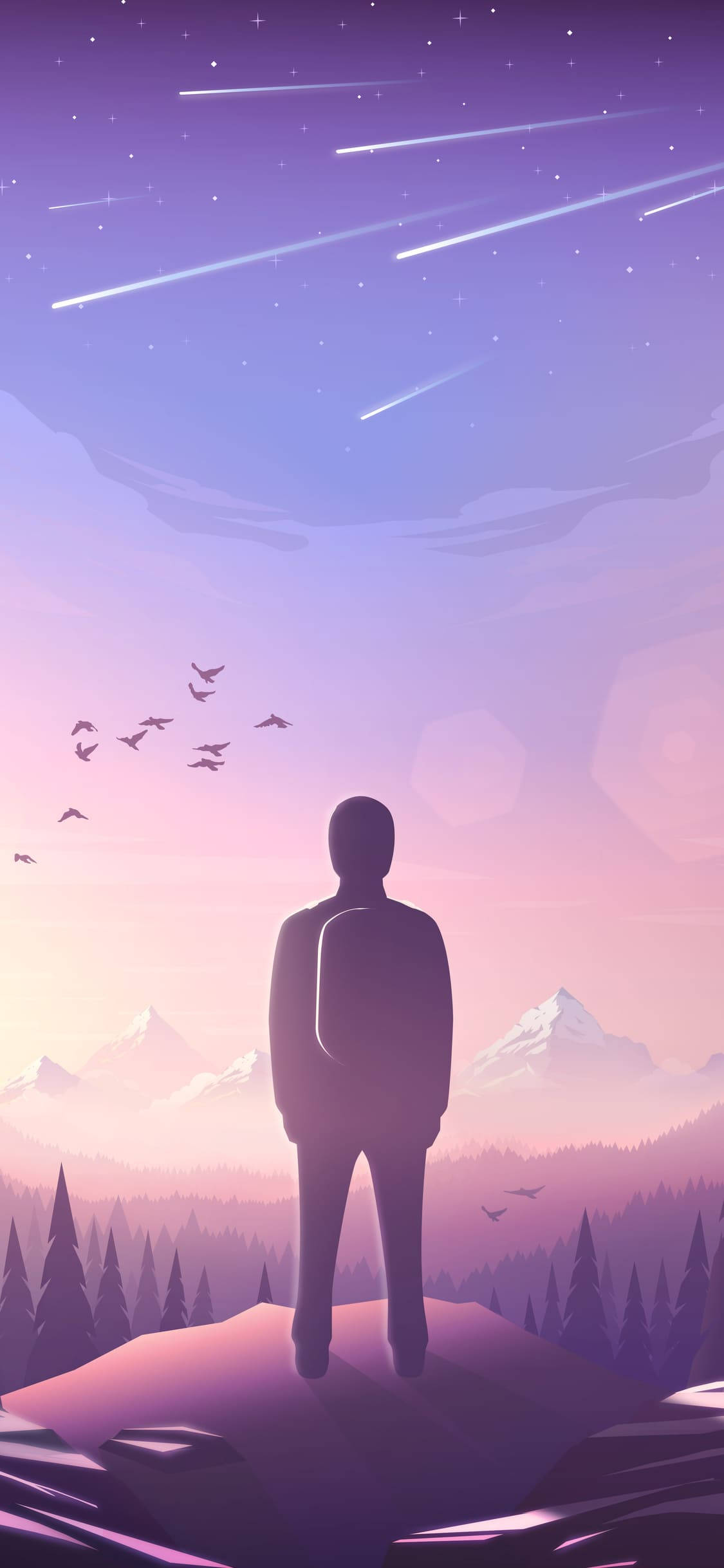 보라색 감성 폰 산 위의 남자 배경화면