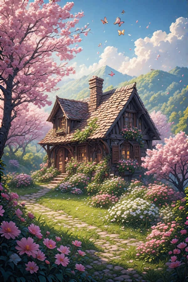 봄 별장과 꽃밭 즐거운 자연 4K 배경화면