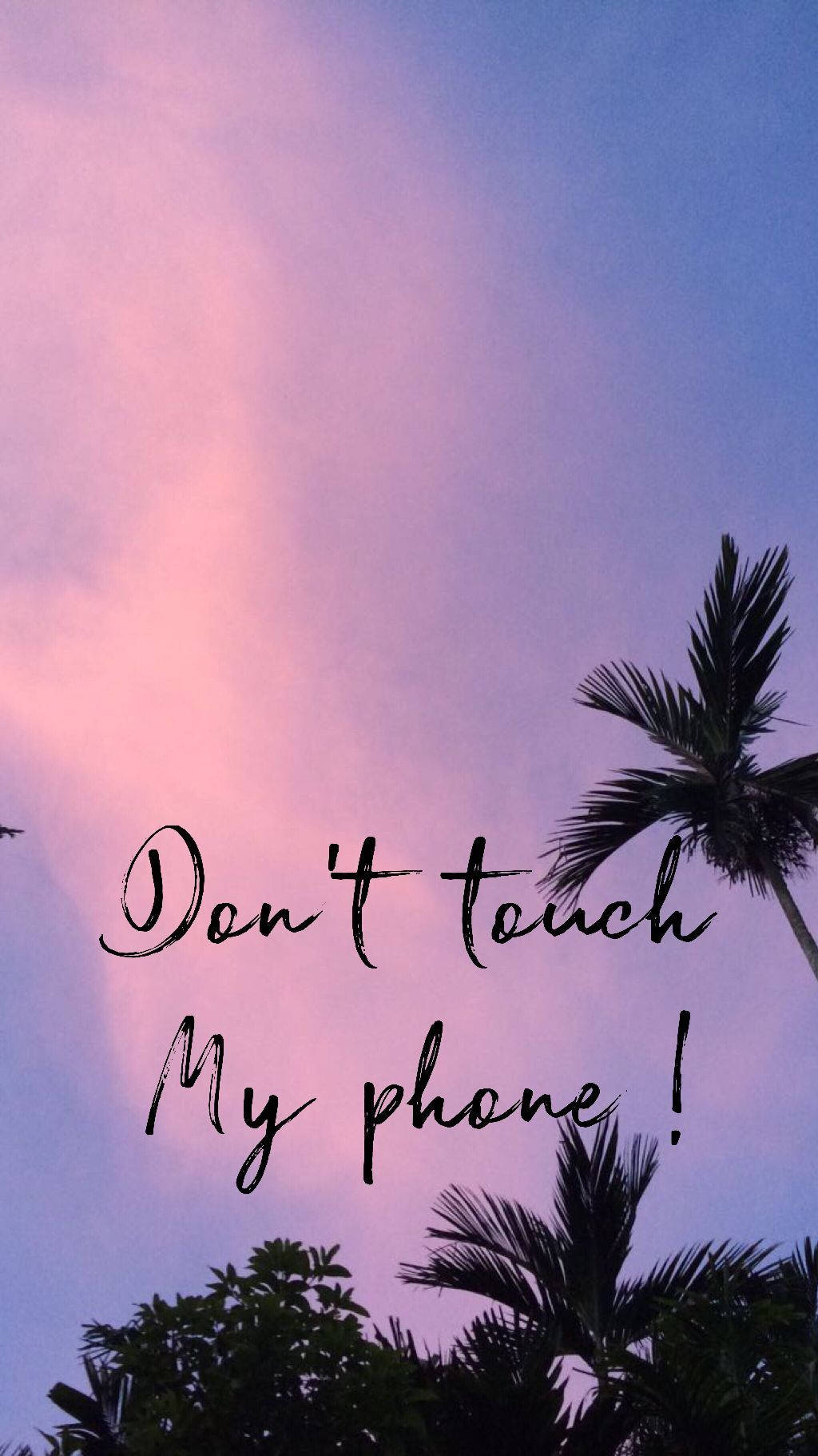 분홍 하늘 아래 야자수와 'Don't touch my phone!' 문구가 있는 배경화면