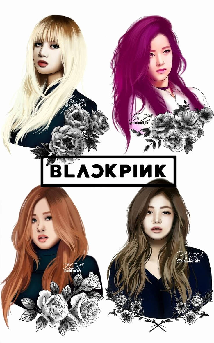 블랙핑크 멤버들의 흑백 꽃 초상화 팬 아트 배경화면