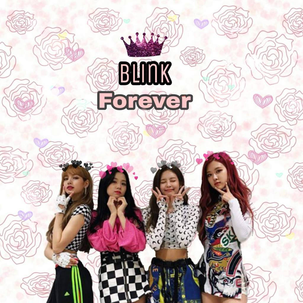블랙핑크 멤버들과 'Blink Forever' 텍스트 및 보라색 왕관이 있는 배경화면