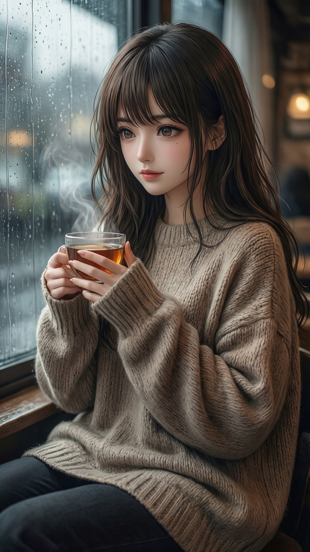 비 오는 창가의 평온 배경화면