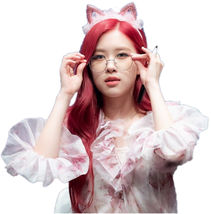 빨간 머리 여성 케이팝 스타, 고양이 귀와 안경 착용 배경화면