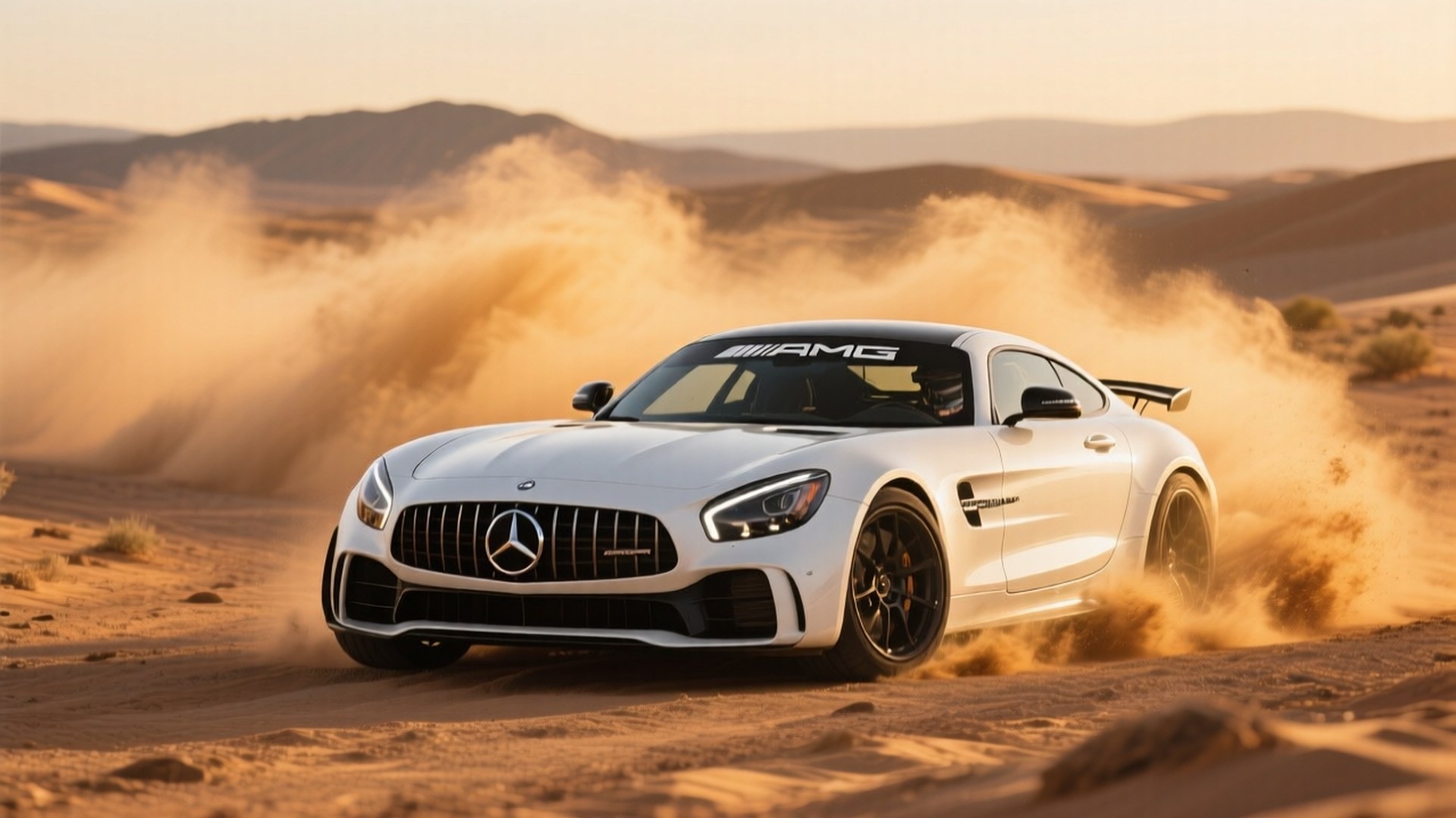황금 시간대 사막에서 드리프트하는 흰색 메르세데스-AMG GT R
