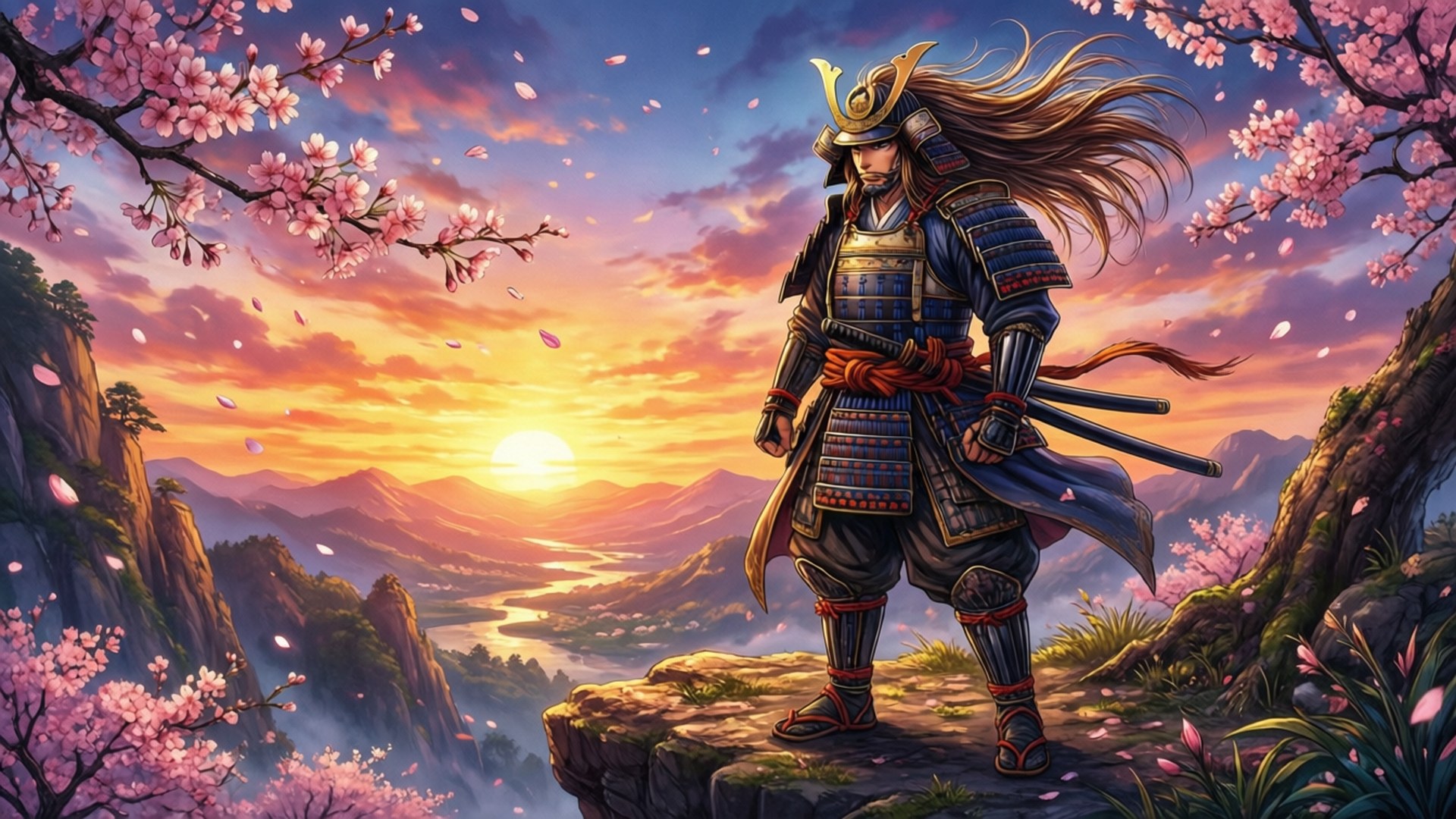 사무라이 석양 만화 배경화면