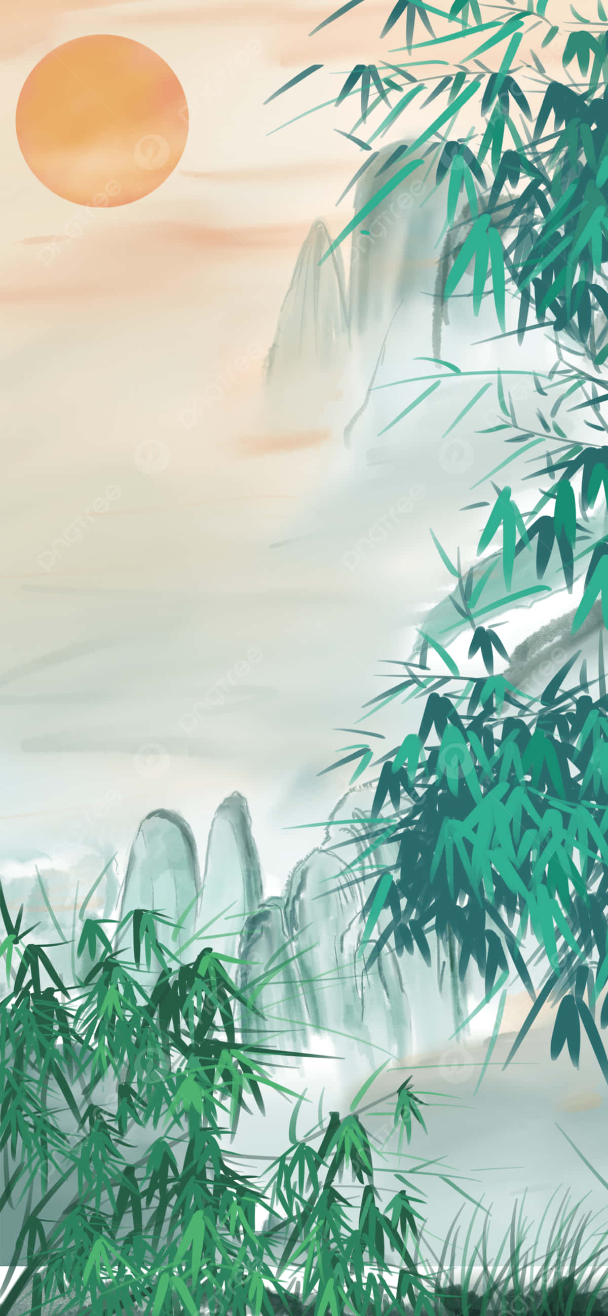 산이 있는 대나무 숲의 그림 배경화면